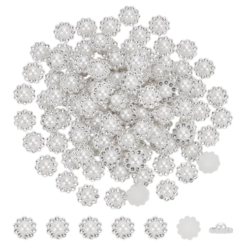 FINGERINSPIRE 100 Stück Strass Kunstperlenknöpfe 11.5x12x5mm Weiß Flache Rückseite Blumenperlenknöpfe Ohne Loch ABS Kunststoffknöpfe Kristall Strassknöpfe Für Scrapbooking Dekoration von FINGERINSPIRE