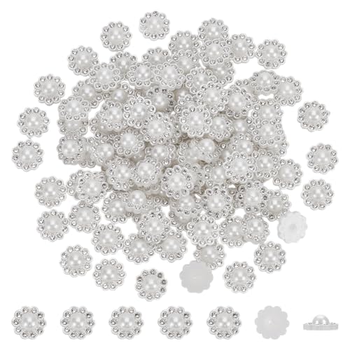 FINGERINSPIRE 100 Stück Strass Kunstperlenknöpfe 13x13.5x6mm Weiß Flache Rückseite Blumenperlenknöpfe Ohne Loch ABS Kunststoffknöpfe Kristall Strassknöpfe Für Scrapbooking Dekoration von FINGERINSPIRE