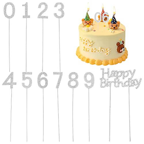 FINGERINSPIRE 11 Stück Happy Birthday Tortenaufleger Silber Metall Strass Kuchen Dekoration Nummer 0-9 Geburtstag Kuchen Topper Bling Cupcake Toppers für Party Hochzeit Jahrestag 156~164x16~92.5mm von FINGERINSPIRE