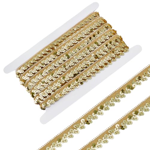 FINGERINSPIRE 11.4 m Elastischer Paillettenbesatz Champagner 15mm Gelb Stretch Pailletten Basteln Elastische Paillettenspitze 2 Reihiger Flacher Glitzer Paillettenbesatz Für Kleider Verzierungen von FINGERINSPIRE