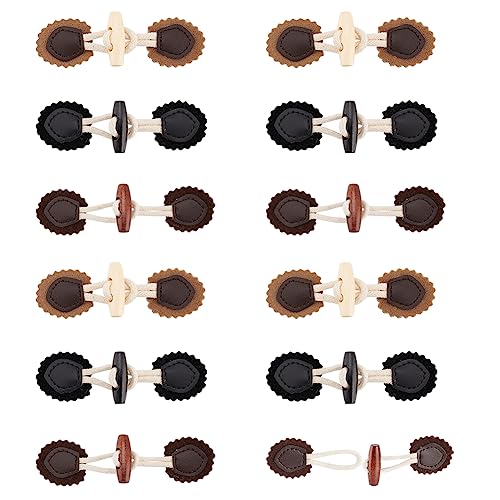 FINGERINSPIRE 12 Sets Leder Knebelverschlüsse Zum Aufnähen Mit Holzhornknopf PU Leder Kippverschlüsse Zum Aufnähen Schwarz Beige Blumen Knebelverschlüsse Für Mantel Kleidung Jacke Pullover Windjacke von FINGERINSPIRE