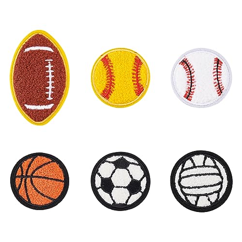 FINGERINSPIRE 12 Stück 6 Stile Chenille Ball Stickerei Flicken Zum Aufbügeln Sportball Applikationsflicken Baseball Basketball Volleyball Fußball Rugby Muster Flicken Für DIY Handwerk Jacken Hüte von FINGERINSPIRE