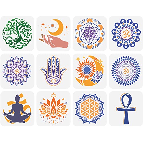 FINGERINSPIRE 12 Stück Heilige Geometrie Schablone 15x15cm Mandala Schablone Plastik Yoga Lotus Blumen Lebensbaum Hamsa Hand Sonne Mond Muster Schablone Wiederverwendbare für Haus Wand Boden Dekor von FINGERINSPIRE