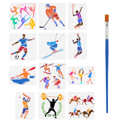 FINGERINSPIRE 12 Stück Malschablone Für Sportler Mit Bambuspinsel Wiederverwendbare Vorlagen Für Sportwettkämpfe Tennis Fußball Basketball Baseball Eishockey Skifahren von FINGERINSPIRE