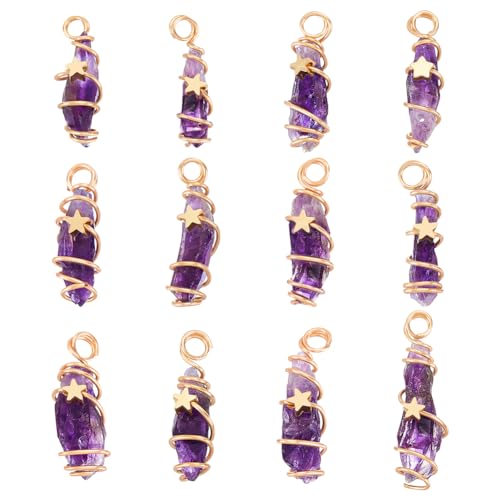 FINGERINSPIRE 12 Stück Natürlicher Amethyst Kristall Anhänger Vergoldeter Drahtgewickelter Edelstein Anhänger Mit Sternverzierungen Heilstein Anhänger Für Halsketten Ohrringe Schmuckherstellung von FINGERINSPIRE