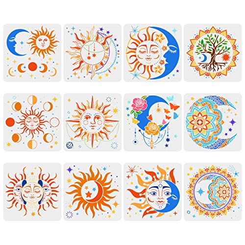 FINGERINSPIRE 12 Stück Sonne Mond Schablonen 30x30cm Mandala Sonne Mond Stern Schablonen Blume Malschablone Baum des Lebens Schablonen für DIY Malerei auf Holz Boden Wand Heimdekoration von FINGERINSPIRE