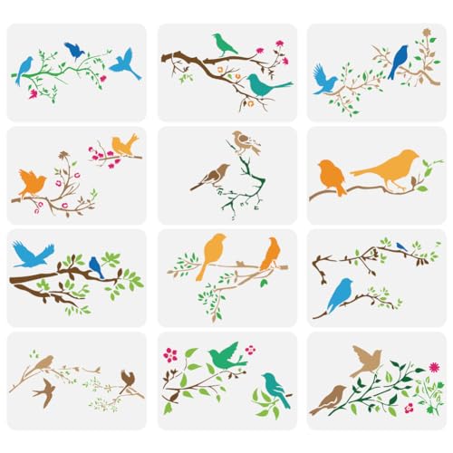 FINGERINSPIRE 12 Stück Vögel Auf Einem Ast Große Malschablone 21x29.7 cm 12 Stile PET Vogel Serenade Sprühschablone Flatternde Vogelfamilie Zeichenschablone Tier Wandvorlage Für Heimdekoration von FINGERINSPIRE