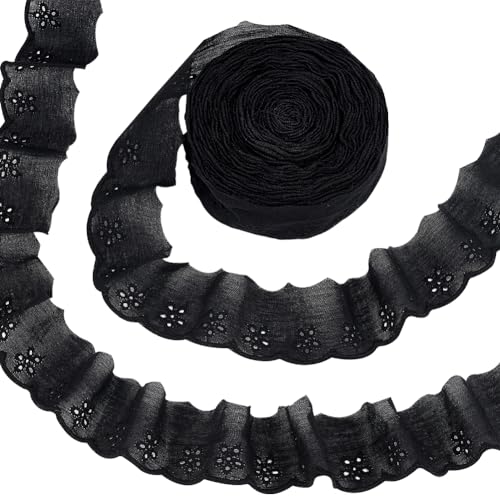 FINGERINSPIRE 13.7 m Baumwoll Spitzenbesatz 42 mm Schwarzes Baumwoll Ösen Spitzenband Blumenstickerei Rüschen Spitzenbesatz Gewellter Rand Florales Baumwoll Spitzenband Zum Nähen von Kleidern Taschen von FINGERINSPIRE