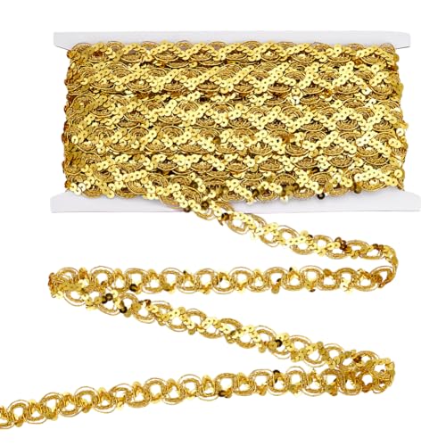 FINGERINSPIRE 13.7 m Gewellte Spitzenborte Mit Pailletten 18mm Breit S Wellen Pailletten Zopfstreifen Goldfarbenes Gewelltes Spitzenbesatzband Mit Pailletten Metallisches Spitzenband Zum Nähen von FINGERINSPIRE