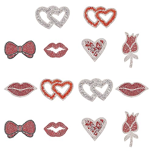 FINGERINSPIRE 14 Stück Hotfix Strass Applikationen Zum Thema Valentinstag Rote Serie Strass Aufnäher Mit Schleife/Lippe/Rose/Herzform Für Jacken Kleider Kleidung DIY Zubehör von FINGERINSPIRE