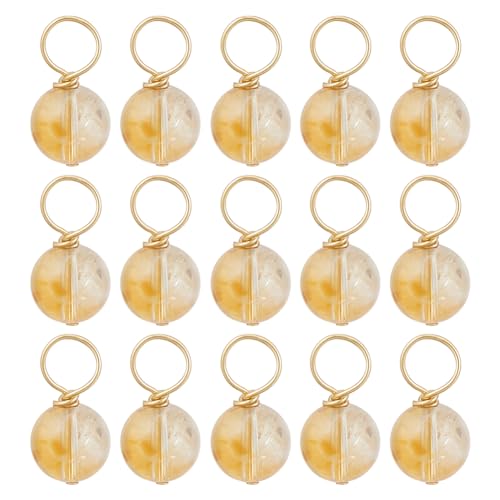 FINGERINSPIRE 16 Stück 16mm Großer Natürlicher Citrin Anhänger 8 mm Kleine Runde Charms Gelbe Kristallanhänger Mit Goldenem Ton 304 Edelstahlschlaufen Heilende Citrin Stein Für Die Schmuckherstellung von FINGERINSPIRE