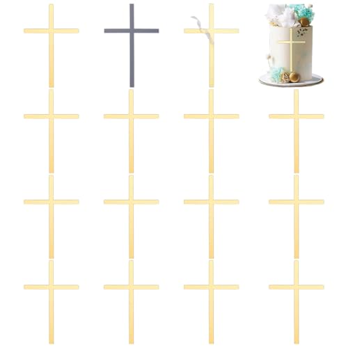 FINGERINSPIRE 16 Stück Cupcake Topper Mit Kreuz 152x97x0.8mm Zitronenfarbener Chiffon Spiegel Acryl Hochzeitskreuz Kuchendekoration Taufe Tortenaufsatz Kreuzkuchen Religiöser Feier Charm Für Partys von FINGERINSPIRE