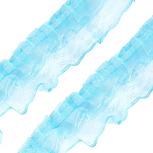 FINGERINSPIRE 18m 2-lagig Blau Plissee Organza Spitzenband Gerafft Mesh Chiffon Stoff Spitze Applikation Tüll Besatz für Handwerk Nähen Kleid DIY Handgemachte Dekoration von FINGERINSPIRE