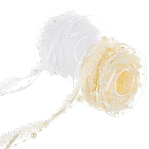 FINGERINSPIRE 2 Rolle 3 Schnüre Kunstperlen Perlenband 10 m Zitronenweiße Perlenschnur Perlen Spitzenband Polyester Satinband Und Organza Drahtband Für Hochzeit Party DIY Bastelarbeiten von FINGERINSPIRE