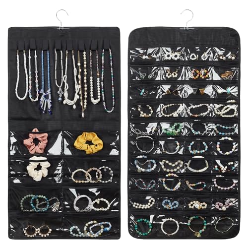 FINGERINSPIRE 2 Stück 2 Stile Hängender Schmuck Organizer Schwarzer Reise Schmuckhalter Organizer Mit Taschen Rechteckig Faltbar Schmuckrolle Aus Vliesstoff Zur Aufbewahrung von Ohrringen Anhängern von FINGERINSPIRE