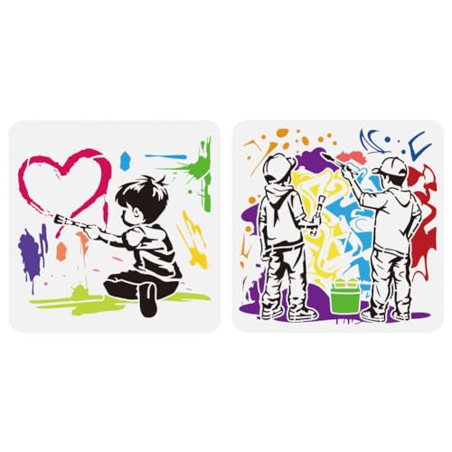 FINGERINSPIRE 2 Stück Banksy Kid Love Schablonen Zum Malen 30x30cm Kunststoff Wandmalerei Graffiti Zeichenvorlagen Ausgehöhlte Liebesmuster Schablonen Graffiti Themenvorlagen Für Heimwerkerarbeiten von FINGERINSPIRE