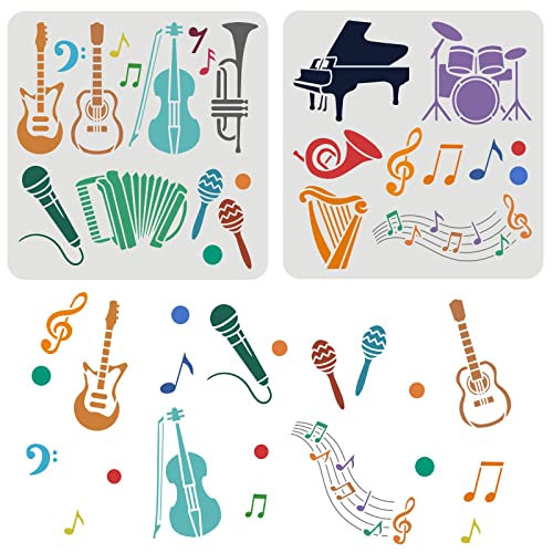 FINGERINSPIRE 2 Stück Musikinstrumente Schablone 30x30cm Wiederverwendbare Musik Zeichenschablone Rockband Schablone Orchesterinstrumente Schablone zum Malen auf Holz, Boden, Möbel, Wand und Papier von FINGERINSPIRE