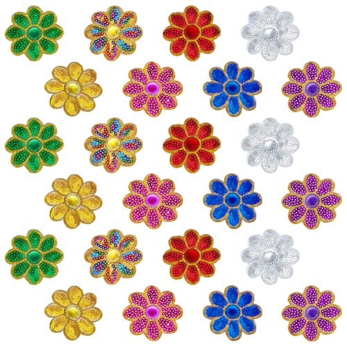 FINGERINSPIRE 24 Stück 8 Farben Blumen Pailletten Applikationen 75mm Durchmesser Kristall Pailletten Applikation Zum Aufbügeln Metallische Strass Applikation 8 Blütenblätter Blumen Applikationen von FINGERINSPIRE