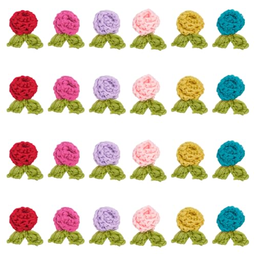 FINGERINSPIRE 24 Stück Häkel Strick Rosenblumen Aufnäher 6 Farben Polyester Blumen Applikation Zum Aufnähen Kleine Größe Handgefertigte Häkel Blumen Aufnäher Für Taschen Hüte Jeans Kleidungszubehör von FINGERINSPIRE