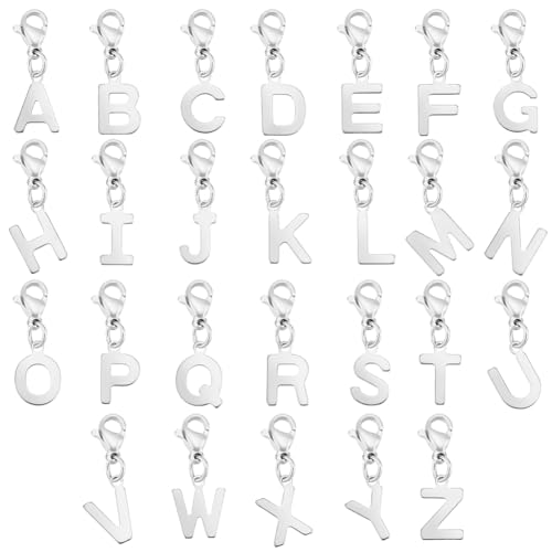 FINGERINSPIRE 26 Stück Gemischte Alphabet Buchstaben Anhänger 24 mm Edelstahl Buchstabe A–Z Anhänger Mit Karabinerverschluss Anfangsbuchstabe AZ Alphabet Anhänger Für Selbstgemachte Namens ID von FINGERINSPIRE