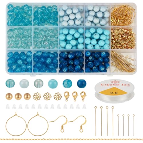 FINGERINSPIRE 275 Stück Runde 8 Mm Glasperlen Zur Schmuckherstellung 6 Stile Blaue Glasperlen Sets Runde Abstandshalter Lose Perlen Glasperlen Set Zur Schmuckherstellung Armbänder Halsketten Zubehör von FINGERINSPIRE