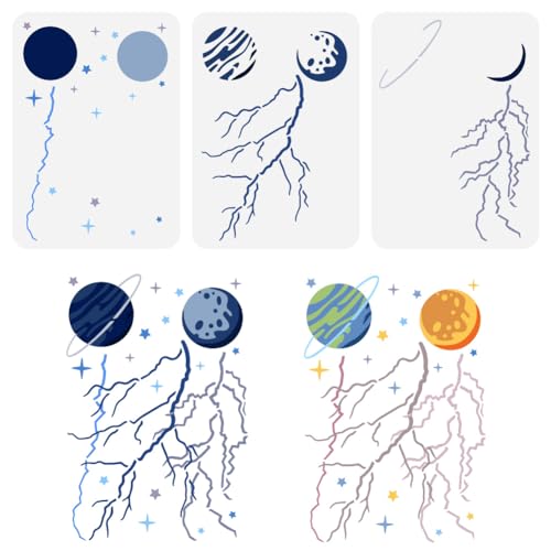 FINGERINSPIRE 3 Stück Geschichtete Planeten Blitzschlag Schablonen Zum Malen 21x29.7 cm Große Blitzschlag Muster Vorlage Ausgehöhlte Planeten Sterne Malschablone Natur Themen Vorlage Für Dekoration von FINGERINSPIRE