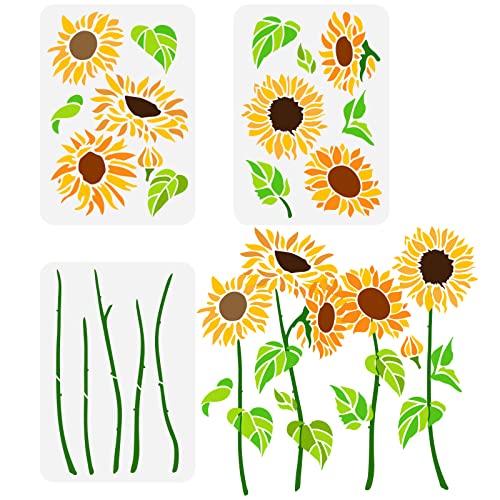 FINGERINSPIRE 3 Stück Sonnenblumen Schablonen 21x29 cm Ausgehöhlte Malschablonen Blumenscheiben Schablonen Blumenstiel Schablonen Blätter Sonnenblumen Schablonen Zum Malen von DIY Handwerksprojekten von FINGERINSPIRE