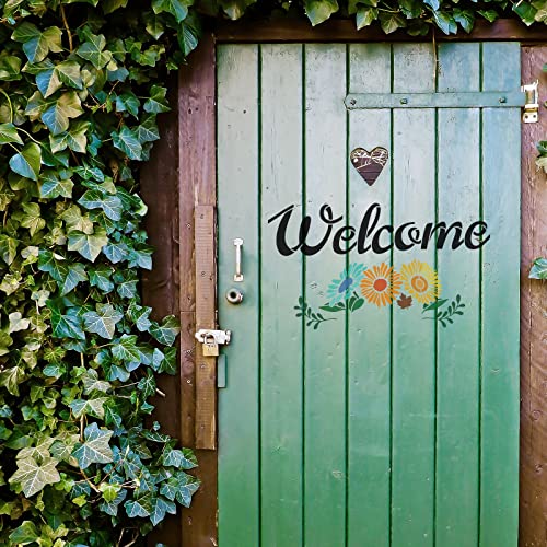 FINGERINSPIRE 3 Stück Willkommensschild Schablone 29.7x21cm Bauernhaus Willkommen Schablonen Welcome Sign Stencil Gänseblümchen Ahornblatt Buchstaben Schablone für Wand Holz Veranda Zeichen von FINGERINSPIRE