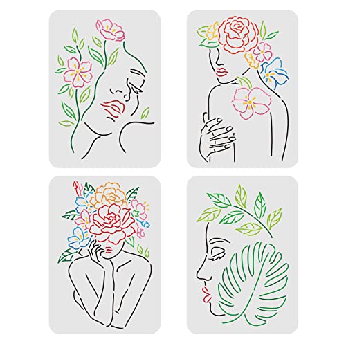 FINGERINSPIRE 4 Pcs Frauen Gesicht Schablone 29.7x21cm Frauen Malerei Schablone Floral Weibliche Gesicht Schablone Frauen Blumen Schablonen Decor Schablone für Malerei auf Holzboden Wand Fenster von FINGERINSPIRE