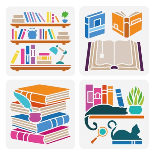 FINGERINSPIRE 4 Stück 4 Stile Bücherregale Schablone Zum Malen 15x15 cm Bücher Schablone Buch Schreibtisch Schablone Tagesthema Schablone Zum Malen An Der Wand Holz Büro Studie Bibliothek Wanddekor von FINGERINSPIRE