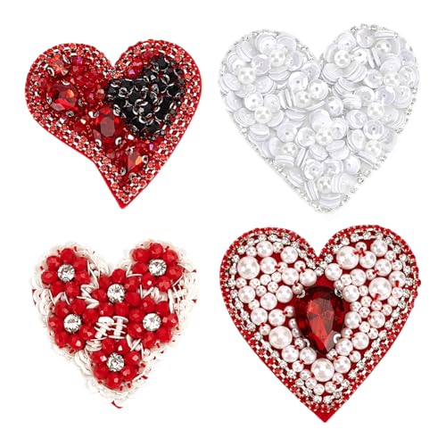 FINGERINSPIRE 4 Stück 4 Stile Herz Perlen Patch 6,9 x 6,9 x 0,8 cm Herz Strass Perlen Patches Aufnähen Perle Stickerei Patches Applikation Herz Perlen Applikation für Kleidung von FINGERINSPIRE