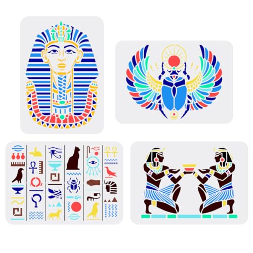 FINGERINSPIRE 4 Stück Ägypten Malschablone 21x29.7 cm Ägyptische Schrift Ägypten Pharao Vorlage Skarabäus Tutanchamun Maske Ägyptisches Symbol Schablone Zum Malen Auf Holz Wand Stoff Möbeln von FINGERINSPIRE