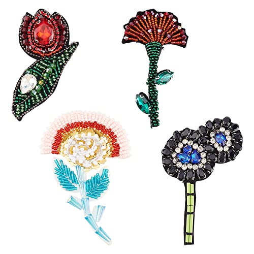 FINGERINSPIRE 4 Stück Blume Perlen Strass Patches Mit Glas Rocailles 4 Stil Tulpe Blume Nelke Blume Filz Kleidung Patches Kleine Perlen Nähen Applikation Patches Für Kleidung Hut Schals von FINGERINSPIRE