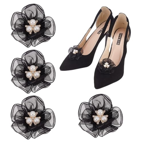 FINGERINSPIRE 4 Stück Blumen Schuh Clips Sandalen Schuh Clips Charms Abnehmbare Blumen Schuhschnallen Schwarze Perlen Strass Schuh Charms Spitze Florales Schuh Zubehör Für High Heels Pumps von FINGERINSPIRE