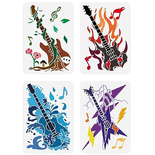 FINGERINSPIRE 4 Stück E Gitarren Schablone 21x29.7 cm Wiederverwendbare Rockgitarren Malvorlage Musik Schablone Feuerwasser Schablone Zum Malen Auf Holzwandmöbeln von FINGERINSPIRE