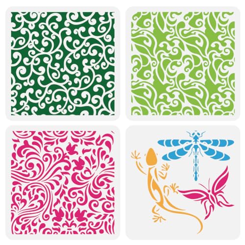 FINGERINSPIRE 4 Stück Gartenreben Schablone 20x20 cm Wiederverwendbar Schmetterling Libelle Gecko Muster Zeichnungsvorlage DIY Pflanzen Tier Schablone Zum Malen Auf Holz Wand Stoff Möbeln von FINGERINSPIRE