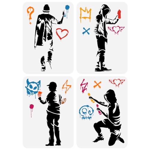 FINGERINSPIRE 4 Stück Banksy Mann mit Doodel in Hut Malerei Schablonen 21x29.7cm Mann mit Doodle in Hut Schablonen für die Malerei große Straße Graffiti Kunst Vorlagen Banksy Thema Schablonen von FINGERINSPIRE