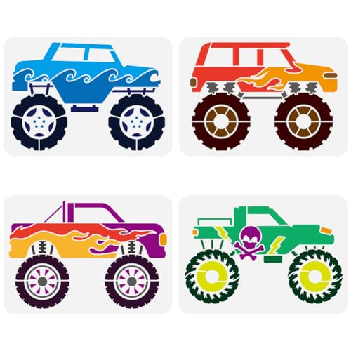 FINGERINSPIRE 4 Stück Monster Truck Schablone Zum Bemalen 21x29.7 cm Wiederverwendbar Angehobene Große Reifen Malschablone PET Große Rad Schablone Totenkopf Muster Schablone Fahrzeug Themen Vorlage von FINGERINSPIRE