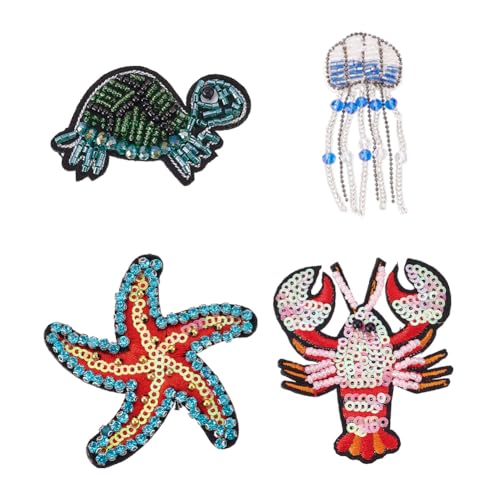 FINGERINSPIRE 4 Stück Ozeantiere Perlen Strass Patches 4 Stil Schildkröte Quallen Garnelen Seestern Aufnäher Applikationen Pailletten Perlenstickerei Applikation Patches für Kleidung, Kleid, Hut von FINGERINSPIRE