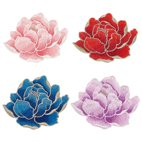 FINGERINSPIRE 4 Stück Pfingstrosen Blumen Stickerei Aufnäher Rosa Rot Blau Lila Blumenmuster Zum Aufnähen Auf Stoff Applikation 12x9.5 cm Polyester Paeonia Nähflicken Blumenstickerei Aufnäher von FINGERINSPIRE