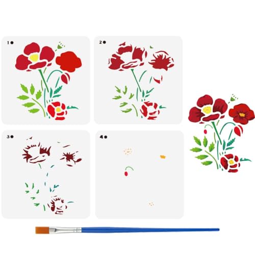 FINGERINSPIRE 4 Stück Realistische Mehrschichtige Mohnblumen Schablonen Zum Malen 15x15cm Große Mohnblumen Vorlagen Mit Pinsel Mohn Wildblumen Schablonen PET Blumen Vorlagen Pflanzenmotiv Schablone von FINGERINSPIRE