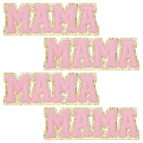 FINGERINSPIRE 4 Stück Rosa Buchstaben Chenille Aufnäher 45x125mm MAMA Buchstabe Zum Aufbügeln Wort MAMA Aufnäher Handtuchtuch Computergesteuerte Stickapplikationen Für Kleidung Kleid Hut DIY von FINGERINSPIRE