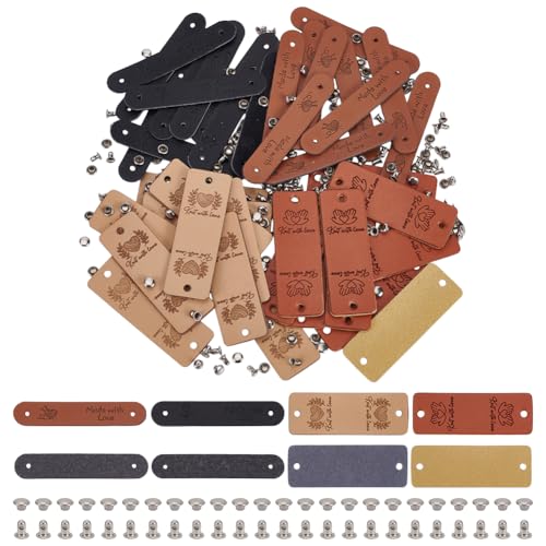 FINGERINSPIRE 40 Set PU Lederetiketten Handgefertigte Anhänger Mit Nieten 4 Stile PU Leder Kleidungsetiketten Mit Loch Ovale Rechteckform Handgefertigte Lederanhänger Zum Nähen Kleidungsetiketten von FINGERINSPIRE