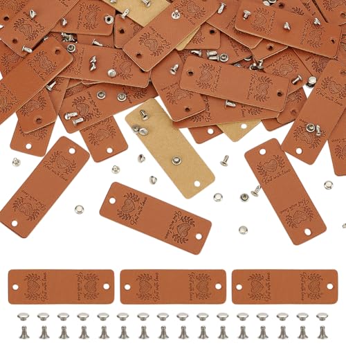 FINGERINSPIRE 48 Set Handgefertigte Etiketten Aus PU Leder 5.7x2 x Cm Herzmuster Handgefertigte Lederetiketten Für Häkelartikel Schokoladenfarben Rechteckig Handgefertigt Geprägtes Etikett Mit Nieten von FINGERINSPIRE