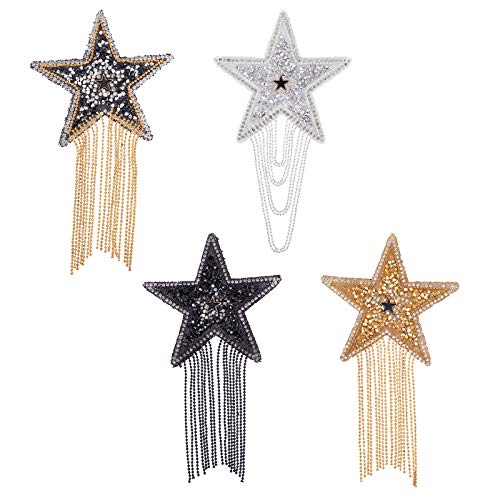 FINGERINSPIRE 4Pcs 4 Mix Color Sparkling Strass Star Pattern Kleidung Patches Bügeln auf Modeapplikationen mit Ketten Quaste Abzeichen Star von FINGERINSPIRE