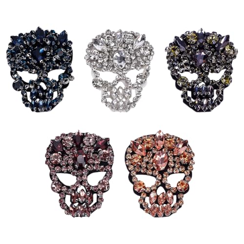 FINGERINSPIRE 5 Stück 5 Farben Totenkopf Glas Strass Perlen Patch 51x62 mm Stoff Zum Aufnähen Basteln Perlen Skelett Patches Große Strass Applikations Patches Für Kleidung Kleid Hut Jeans von FINGERINSPIRE