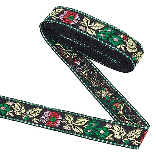 FINGERINSPIRE 5 m X 32 mm Stickerei Jacquard Besatz Vintage Webband Schwarzes Blumenmuster Mit Blättern Gewebtes Spitzenband Vintage Jacquard Bandbesatz Meterware Für Kleidung Taschen Hüte von FINGERINSPIRE