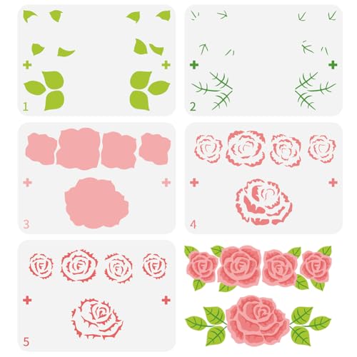 FINGERINSPIRE 5PCS Layered Rose Banner Malerei Schablone 21x29.7cm Wiederverwendbare Rose Blume Farbe Schablone Dekorative Blume Pflanze Schablone für Malerei auf Holz Wand Möbel DIY Home Decor von FINGERINSPIRE