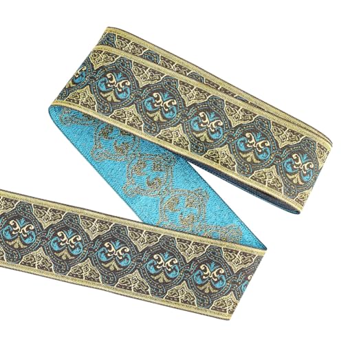 FINGERINSPIRE 5m 50mm Gold Blau Vintage Jacquard Band Ethno Stil Blumenmuster Stickerei Gewebte Borte Polyester Stoff Borte Retro Nähband Für Kleidung Taschenriemen Handwerksdekor von FINGERINSPIRE