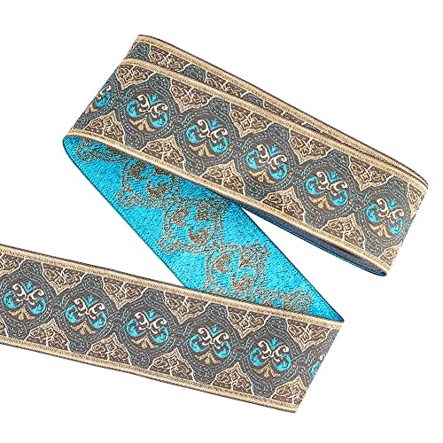 FINGERINSPIRE 5m 50mm Gold Blau Vintage Jacquard Band Ethno Stil Blumenmuster Stickerei Gewebte Borte Polyester Stoff Borte Retro Nähband Für Kleidung Taschenriemen Handwerksdekor von FINGERINSPIRE